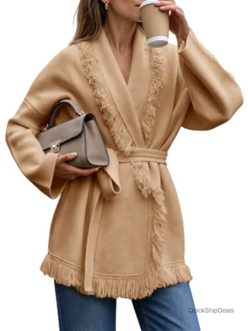 Open Front Fringe Tassel Belted Cardigan Sweater Long Sleeve V-Neck Knit